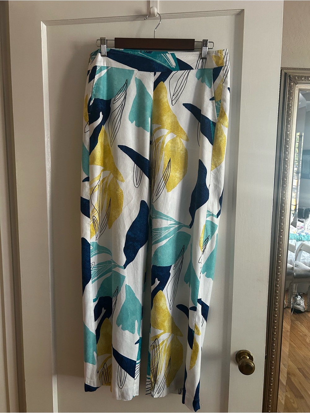 Chico's White Wide-Leg Linen Pantswith Teal, Navy & Yellow Floral Print
